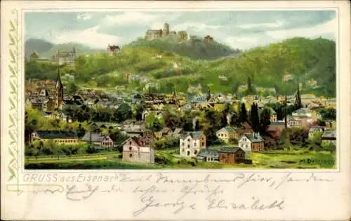 Künstler Litho Dutzauer, M., Lutherstadt Eisenach in Thüringen, Gesamtansicht, Wartburg