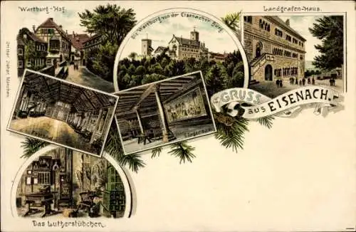 Litho Lutherstadt Eisenach in Thüringen, Wartburg-Hof, Landgrafenhaus, Lutherstübchen