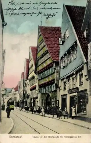 Ak Osnabrück in Niedersachsen, Häuser in der Bierstraße im Renaissance Stil, Straßenbahn