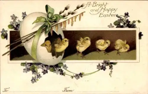 Präge Ak Glückwunsch Ostern, Küken, Osterei, Weidenkätzchen, Blumen