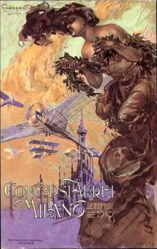 Künstler Litho Milano Mailand Lombardia, Wettfliegen 1910, Zivilflugzeuge, Flugpioniere