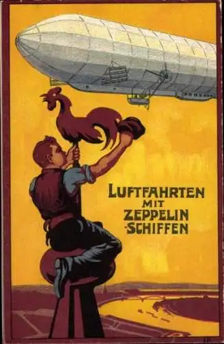 Ak Werbung, Luftfahrt mit Zeppelin-Schiffen, Luftschifffahrt, Mann, Wetterhahn