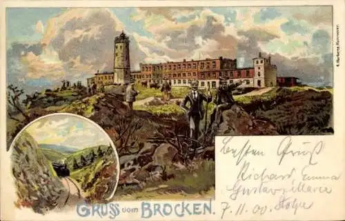 Litho Brocken Nationalpark Harz, Hotel, Aussichtsturm, Dampflok