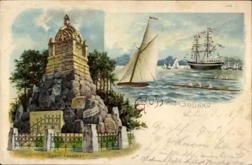 Litho Berlin Grünau, Sport-Denkmal, Segelboot, Ruderboote