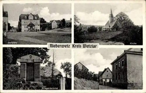 Ak Niederwetz Schöffengrund in Hessen, Kirche, Kriegerdenkmal, Schule, Dorfplatz