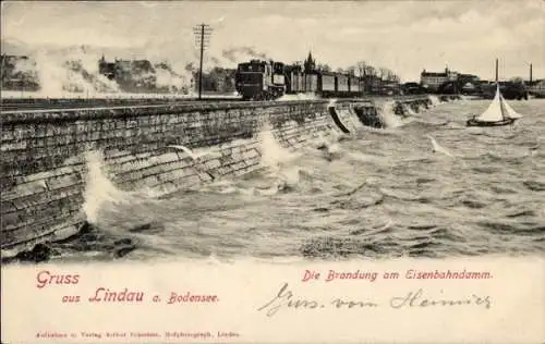 Ak Lindau am Bodensee Schwaben, Brandung, Eisenbahndamm