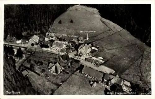 Ak Torfhaus Altenau Schulenberg Clausthal Zellerfeld im Oberharz, Fliegeraufnahme, Wulferts Hotel