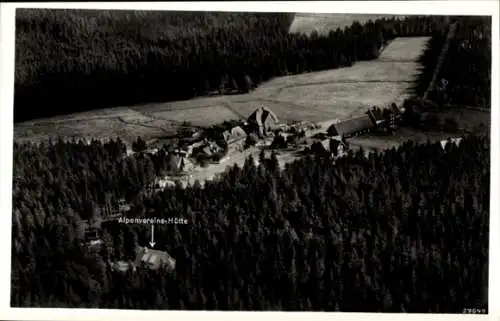 Ak Torfhaus Altenau Schulenberg Clausthal Zellerfeld im Oberharz, Fliegeraufnahme, Alpenvereinshütte