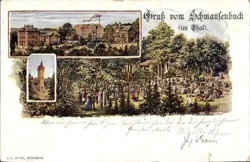Künstler Ak Schmausenbuck Nürnberg in Mittelfranken Bayern, Gesamtansicht, Turm, Spaziergänger