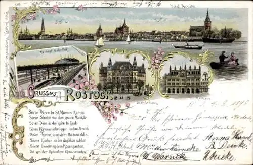 Litho Hansestadt Rostock, Zentralbahnhof, Rathaus, Ständehaus