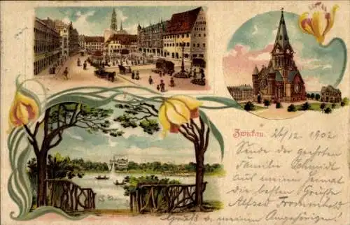 Litho Zwickau in Sachsen, Marktplatz, Kirche