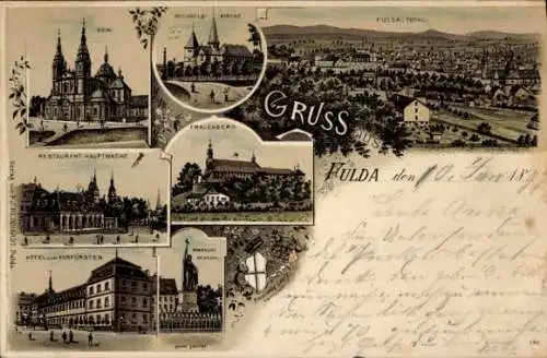 Litho Fuldatal Hessen, Gruss, Dom, Panorama, Restaurant Hauptwache, Frauenberg, Michaelskirche