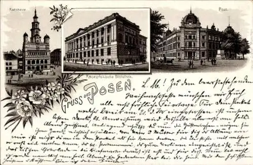 Litho Poznań Posen, Rathaus, Post, Raczynskische Bibliothek