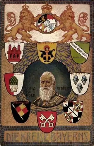 Wappen Ak Prinzregent Luitpold von Bayern, Wappen der Kreise, Mittelfranken, Rheinpfalz, Schwaben