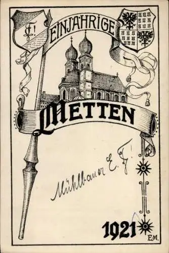 Wappen Künstler Ak Metten an der Donau Niederbayern, Kirche, 1921