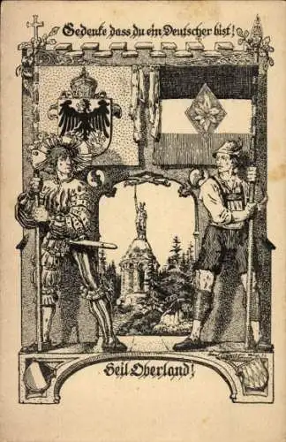 Wappen Ak München, Heil Oberland, Mann in bayrischer Tracht, Denkmal, Fahne, Propaganda