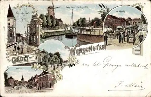 Lithographie Winschoten Groningen Niederlande, Martkz, Venne, Torendstraat, Heiligerlee, Molen