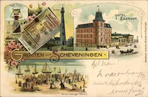 Litho Scheveningen Den Haag Südholland, Hotel Zeerust, Vuurtoren, Strand