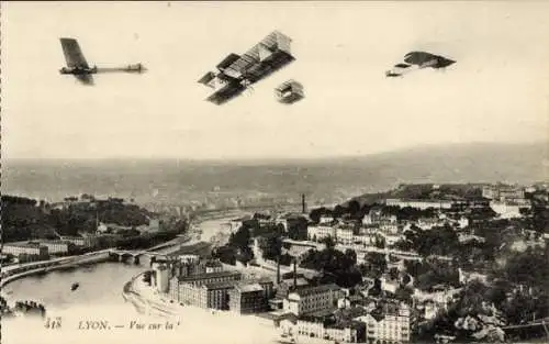 Ak Lyon Rhône, Gesamtansicht, Flugzeuge