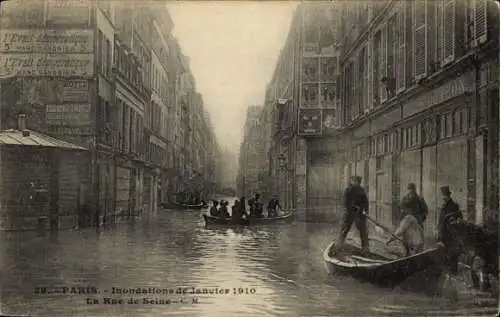 Ak Paris, Hochwasser Januar 1910, Rue de Seine, Boote