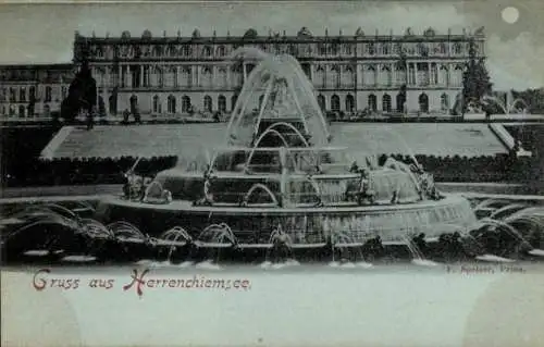 Ak Herrenchiemsee Herreninsel Chiemsee Oberbayern, Schloss, Springbrunnen