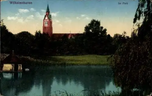 Ak Wilhelmshaven in Niedersachsen, Park, Teich, Entenhaus, Kirche