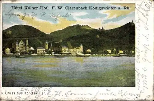 Ak Königswinter am Rhein, Teilansicht, Hotel Kölner Hof, F. W. Clarenbach