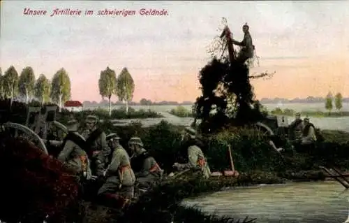 Ak Deutsche Artillerie im schwierigen Gelände, Deutsche Soldaten, I. WK