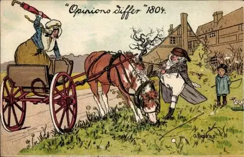 Künstler Litho Anders, O., Kutsche, Pferd frisst Gras, Wütender Bauer
