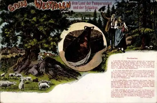 Ak Westfalen, Pumpernickel, Schinken, Westfalenlied