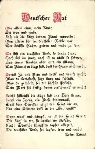 Ak Gedicht von Robert Reinick Deutscher Rat, Vor allem eins, mein Kind: Sei treu und wahr