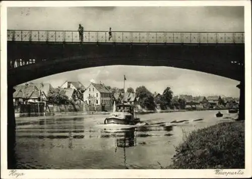 Ak Hoya an der Weser, Brücke, Schiff, Weserpartie