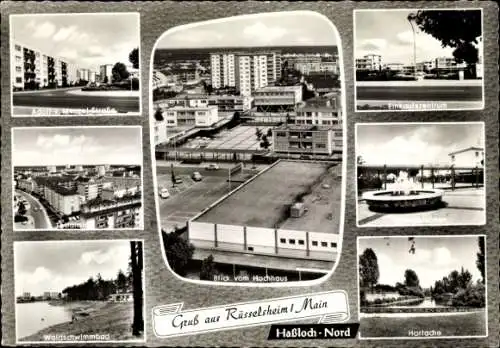 Ak Rüsselsheim am Main Hessen, Haßloch Nord, Blick vom Hochhaus, Einkaufszentrum, Horlache