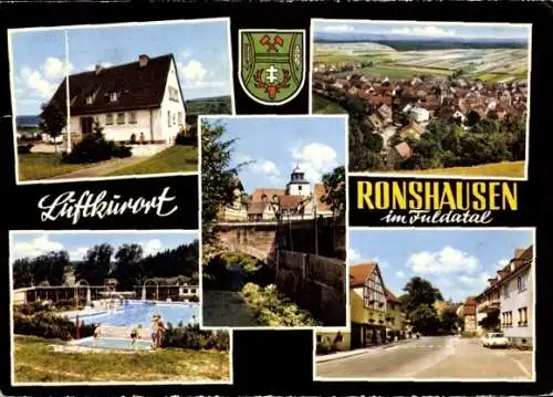 Ak Ronshausen in Hessen, Panorama, Freibad, Brücke, Wappen, Straße, Gebäude