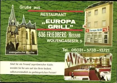 Ak Friedberg in Hessen, evangelische Kirche, Restaurant Europa-Grill, Innenraum, Wolfengasestr. 5