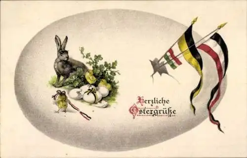 Ak Frohe Ostern, Hase mit Ostereiern und kleinen Küken, Flaggen