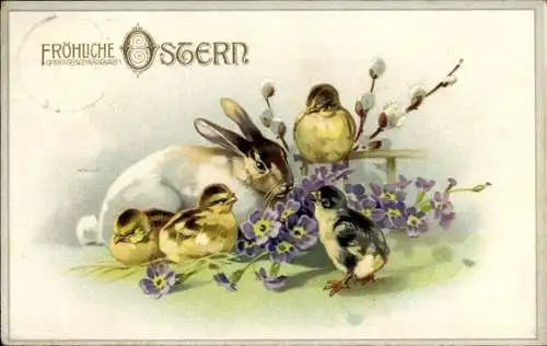 Ak Frohe Ostern, Hase mit Küken und Blumenzweig