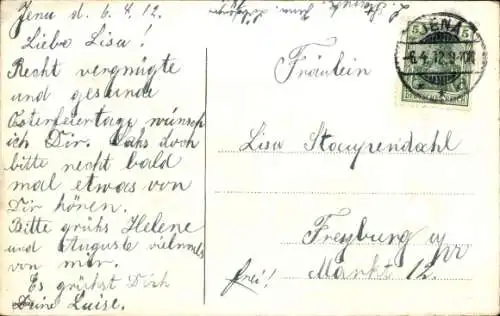 Ak Frohe Ostern, Hase mit Küken und Blumenzweig