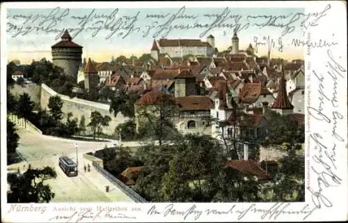 Ak Nürnberg in Mittelfranken Bayern, Panorama vom Hallertor aus gesehen, Straßenbahn