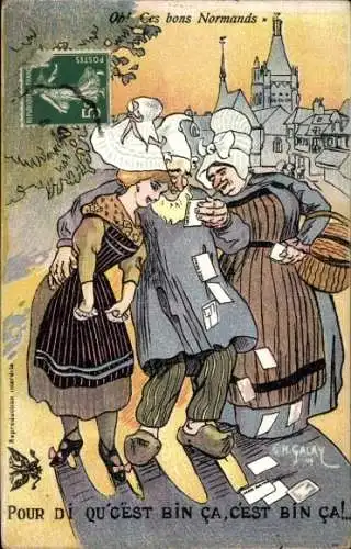 Künstler Ak Normandie, Französische Tracht, Menschen lesen Postkarten, Post, Korb
