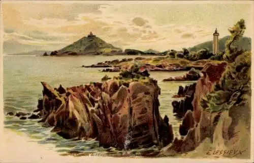 Künstler Litho Lessieux, E., See, Felsen, Leuchtturm, Hügel