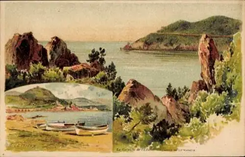 Künstler Litho Lessieux, E., See, Ruderboote, Strand