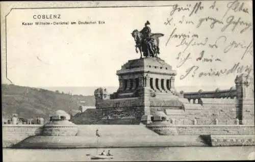 Ak Koblenz am Rhein, Deutsches Eck, Kaiser Wilhelm Denkmal, Mündung Mosel und Rhein