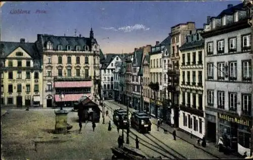 Ak Koblenz am Rhein, Tram, Geschäfte