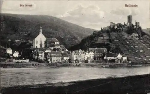 Ak Beilstein, Blick über die Mosel zur Stadt und Burg