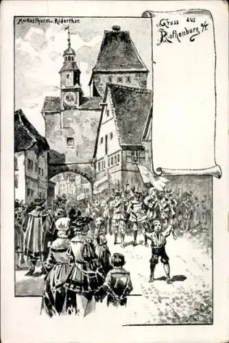 Ak Rothenburg ob der Tauber Mittelfranken, Spitaltor, Ritter, Pferd