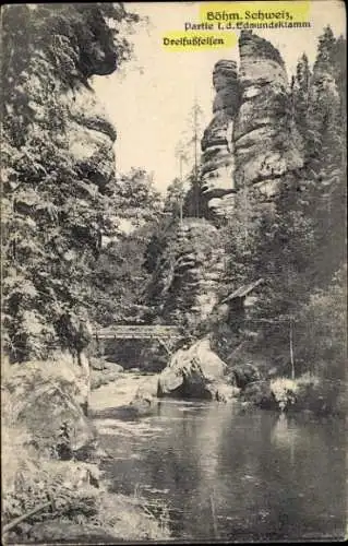 Ak Hřensko Herrnskretschen Elbe Region Aussig, Edmundsklamm, Kamnitzklamm, Dreifußfelsen