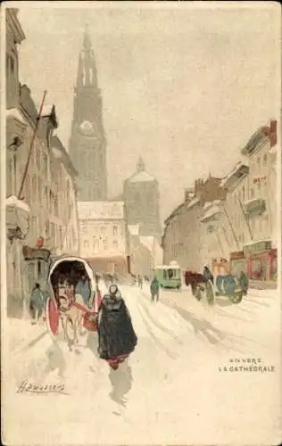 Künstler Litho Cassiers, H., Antwerpen Flandern, Kathedrale, Winter