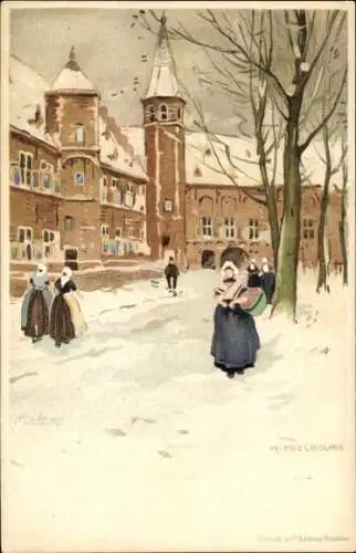 Künstler Litho Cassiers, Henri, Middelburg Zeeland Niederlande, Trachten, Straße, Winter