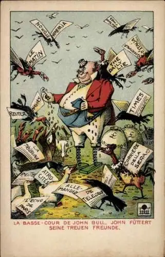 Künstler Ak John Bull füttert seine treuen Freunde, Zeitungen, Bestechungsgeld, Karikatur, I. WK